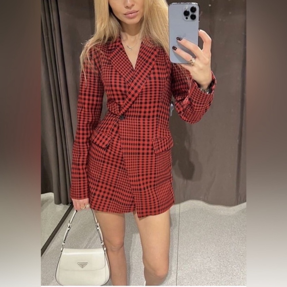 ZARA JUMPSUIT DRESS Houndstooth Red Black XXL